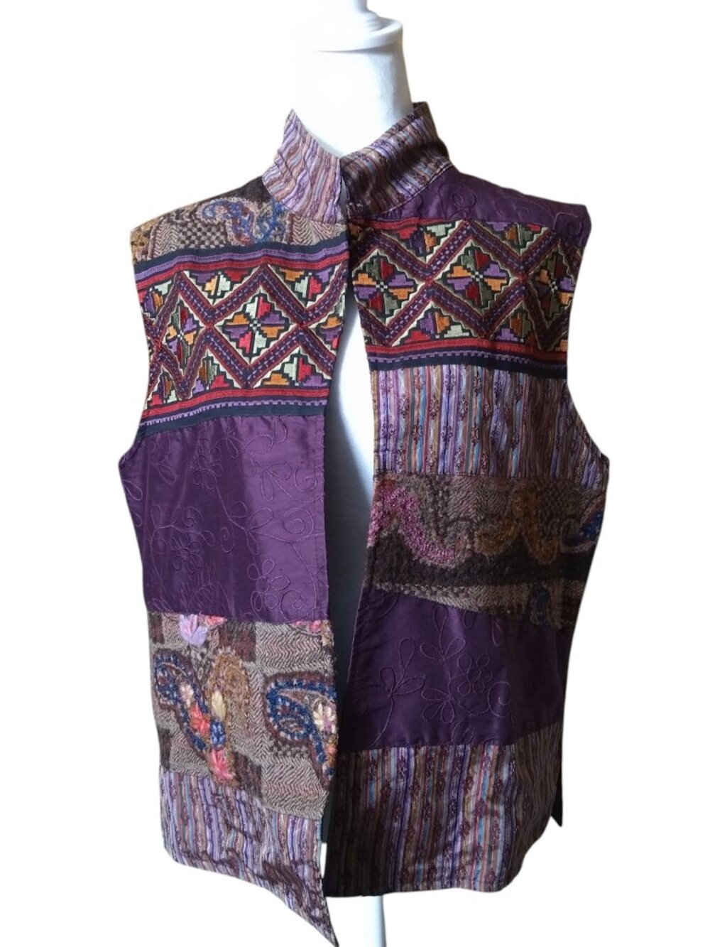 Norm Thompson Patchwork Silk Wool Blend Vest Size Large Vintage Boho Artsy